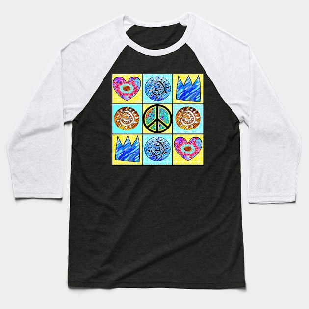 Peace, Love, Art and Hearts Baseball T-Shirt by LowEndGraphics